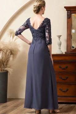 Cinza Azul Linha-A Meias Mangas Longos Vestido Mãe de Noiva com Renda