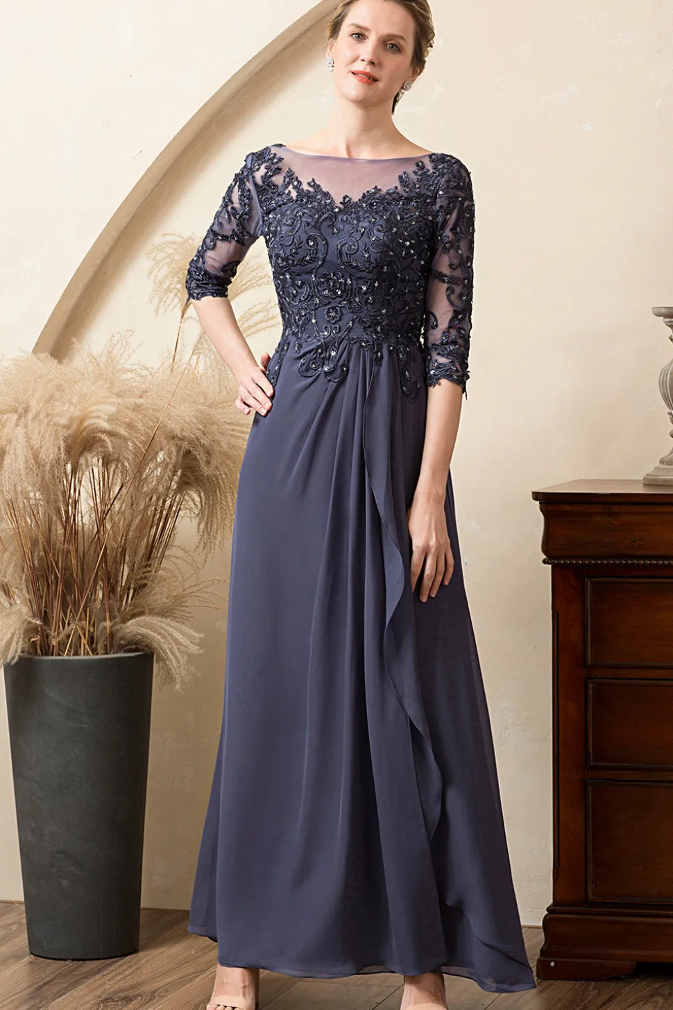 Cinza Azul Linha-A Meias Mangas Longos Vestido Mãe de Noiva com Renda