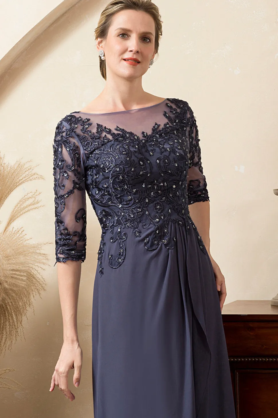 Cinza Azul Linha-A Meias Mangas Longos Vestido Mãe de Noiva com Renda