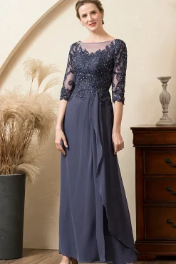 Cinza Azul Linha-A Meias Mangas Longos Vestido Mãe de Noiva com Renda