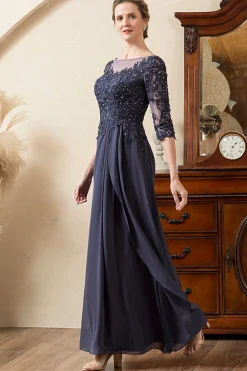 Cinza Azul Linha-A Meias Mangas Longos Vestido Mãe de Noiva com Renda