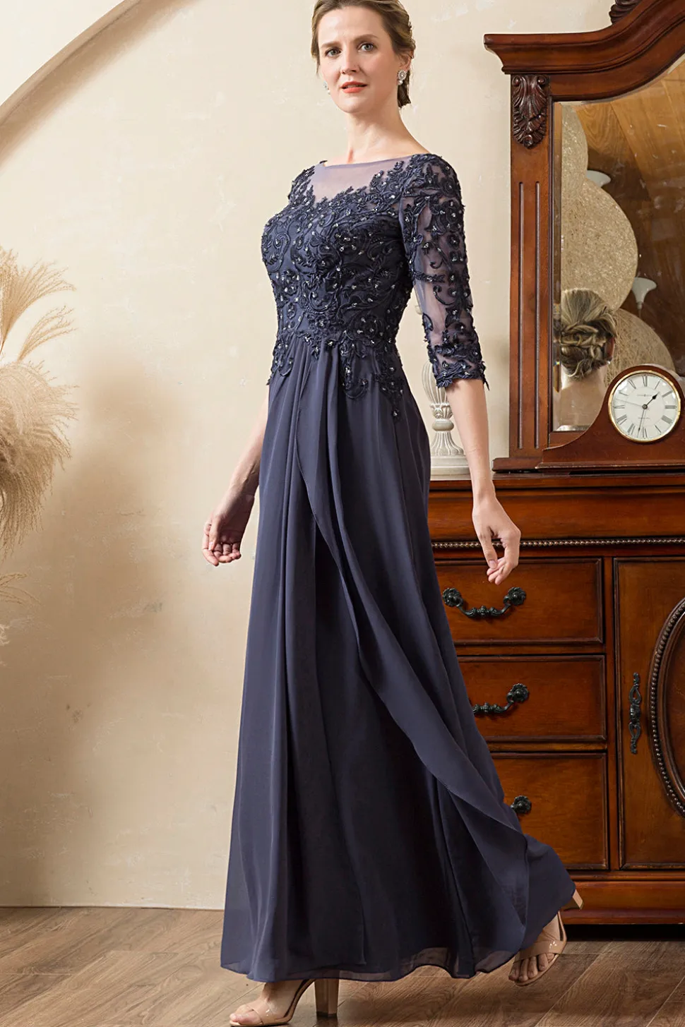 Cinza Azul Linha-A Meias Mangas Longos Vestido Mãe de Noiva com Renda