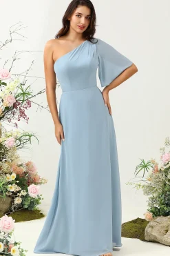 Cinza Azul Um Ombro Chiffon Boho Vestido Madrinha