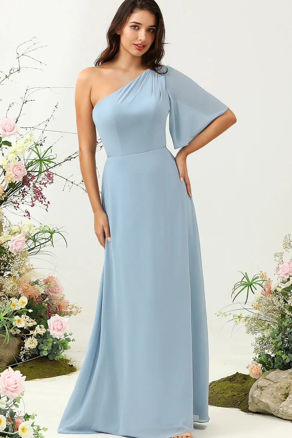 Cinza Azul Um Ombro Chiffon Boho Vestido Madrinha
