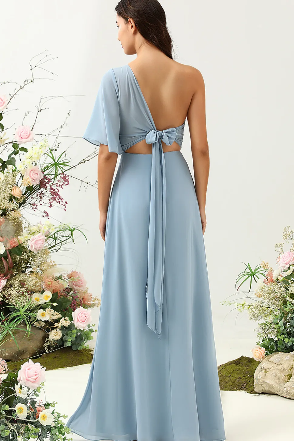 Cinza Azul Um Ombro Chiffon Boho Vestido Madrinha