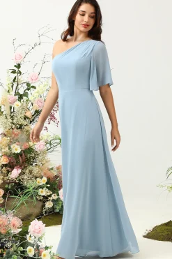 Cinza Azul Um Ombro Chiffon Boho Vestido Madrinha