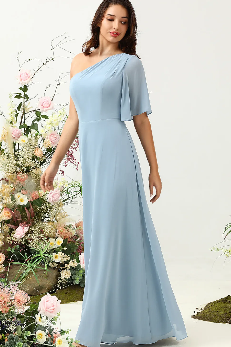 Cinza Azul Um Ombro Chiffon Boho Vestido Madrinha