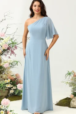 Cinza Azul Um Ombro Chiffon Boho Vestido Madrinha