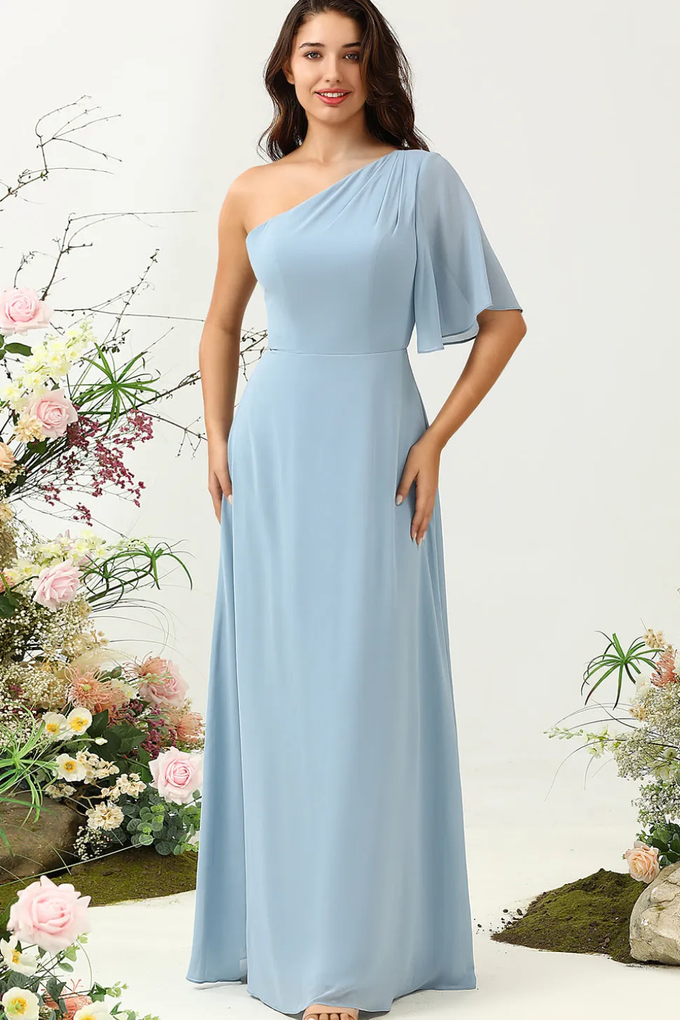Cinza Azul Um Ombro Chiffon Boho Vestido Madrinha
