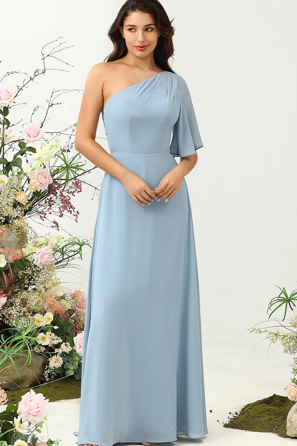 Cinza Azul Um Ombro Chiffon Boho Vestido Madrinha