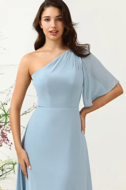Cinza Azul Um Ombro Chiffon Boho Vestido Madrinha