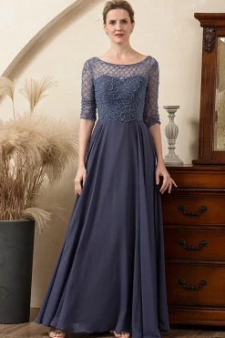 Cinza Azul Vestido Mãe de Noiva Com Contas