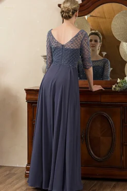 Cinza Azul Vestido Mãe de Noiva Com Contas