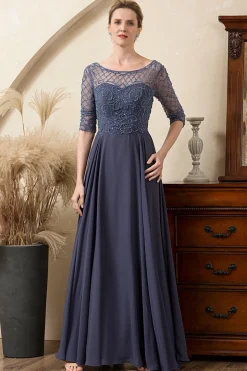 Cinza Azul Vestido Mãe de Noiva Com Contas
