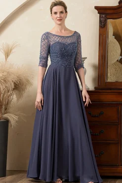 Cinza Azul Vestido Mãe de Noiva Com Contas