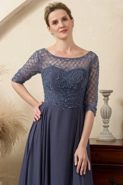 Cinza Azul Vestido Mãe de Noiva Com Contas