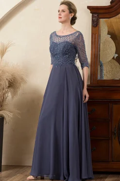 Cinza Azul Vestido Mãe de Noiva Com Contas