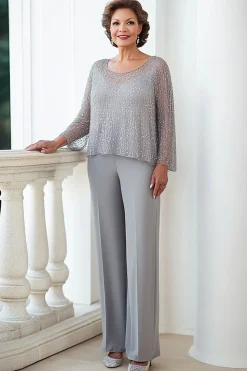 Cinza brilhante Sequined Top mangas compridas Chiffon macacão formal