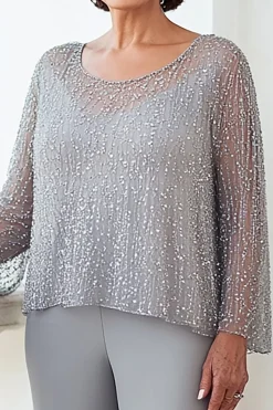 Cinza brilhante Sequined Top mangas compridas Chiffon macacão formal