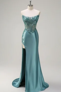 Cinza Brilhante Sereia Strapless Sheer Corset Cetim Long Prom Dress com Fenda