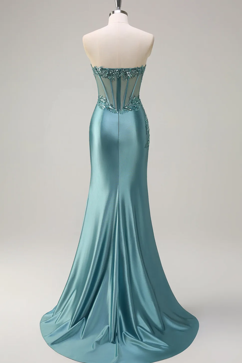 Cinza Brilhante Sereia Strapless Sheer Corset Cetim Long Prom Dress com Fenda