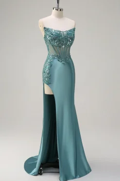 Cinza Brilhante Sereia Strapless Sheer Corset Cetim Long Prom Dress com Fenda