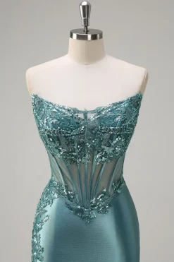 Cinza Brilhante Sereia Strapless Sheer Corset Cetim Long Prom Dress com Fenda