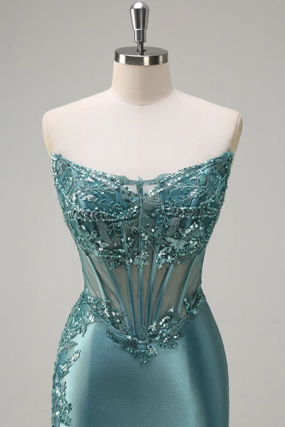 Cinza Brilhante Sereia Strapless Sheer Corset Cetim Long Prom Dress com Fenda