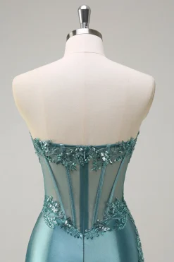 Cinza Brilhante Sereia Strapless Sheer Corset Cetim Long Prom Dress com Fenda