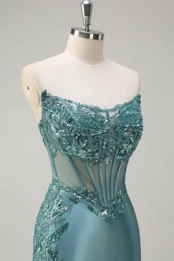 Cinza Brilhante Sereia Strapless Sheer Corset Cetim Long Prom Dress com Fenda