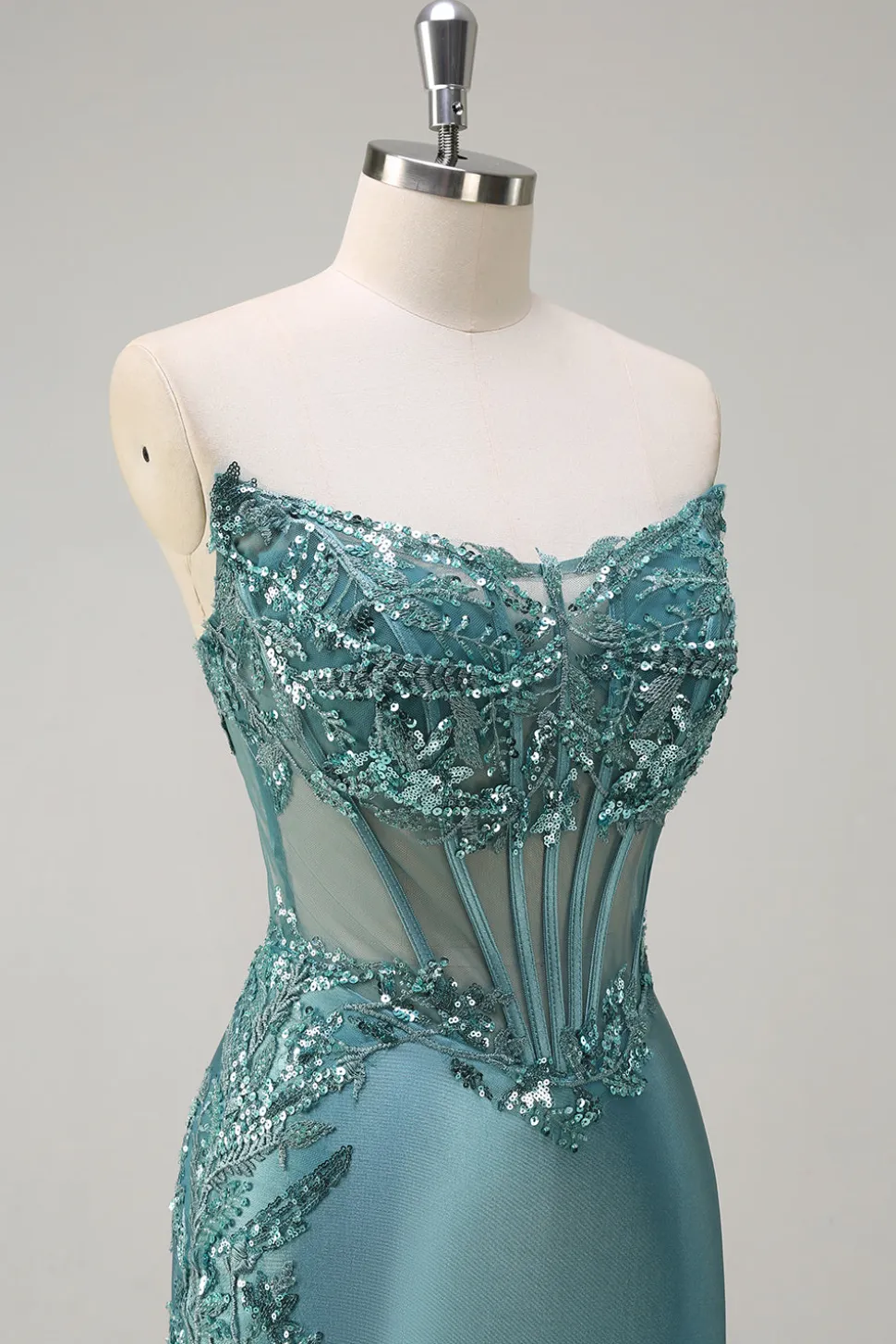 Cinza Brilhante Sereia Strapless Sheer Corset Cetim Long Prom Dress com Fenda