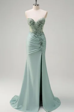 Cinza brilhante verde sereia sem alças espartilho de lantejoulas Ruched longo vestido de baile com fenda