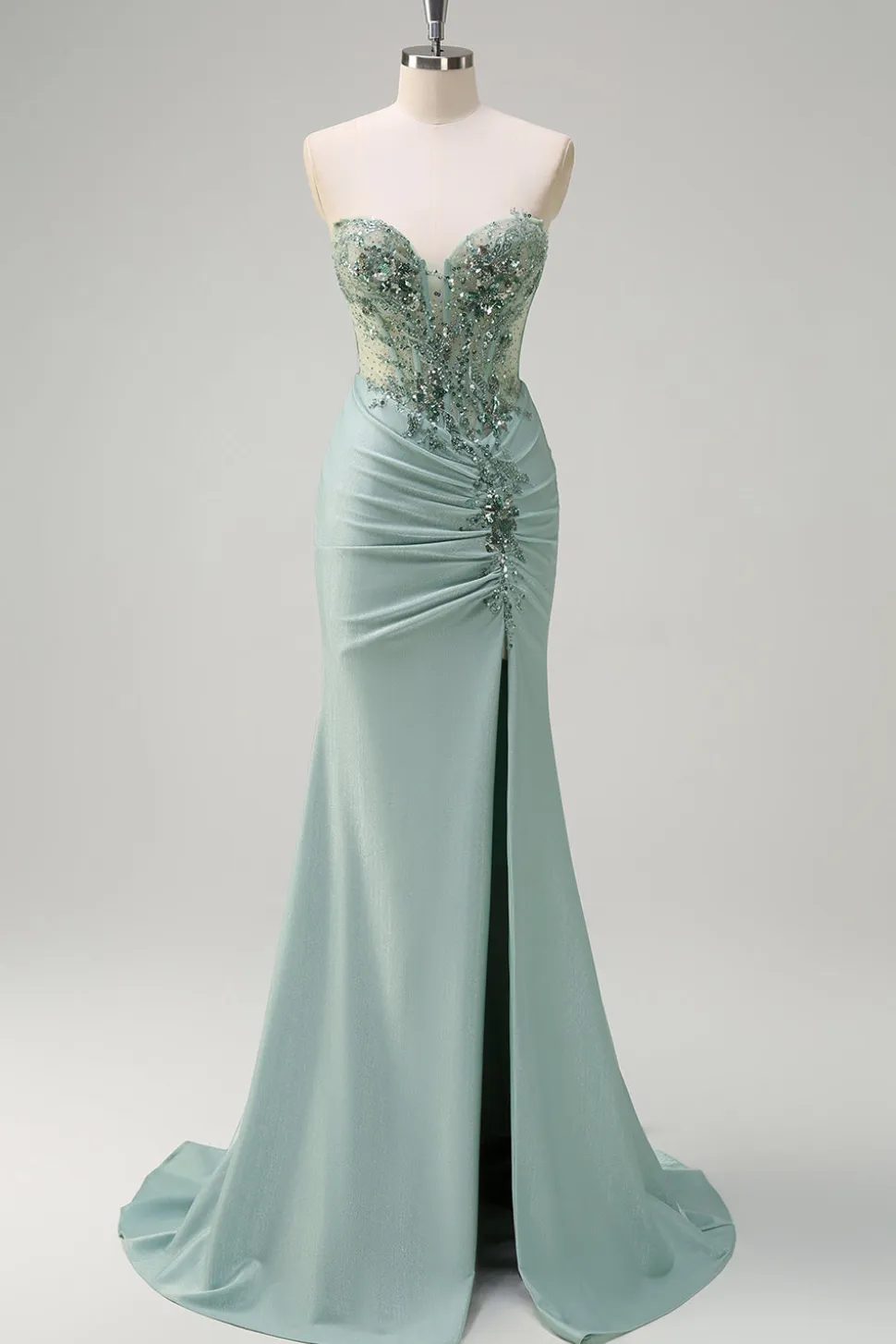 Cinza brilhante verde sereia sem alças espartilho de lantejoulas Ruched longo vestido de baile com fenda