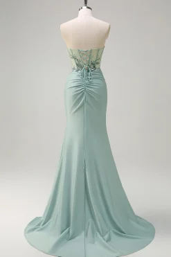 Cinza brilhante verde sereia sem alças espartilho de lantejoulas Ruched longo vestido de baile com fenda