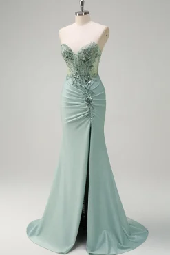 Cinza brilhante verde sereia sem alças espartilho de lantejoulas Ruched longo vestido de baile com fenda