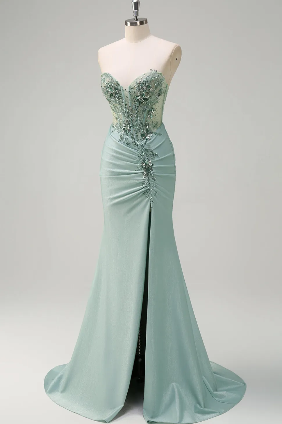 Cinza brilhante verde sereia sem alças espartilho de lantejoulas Ruched longo vestido de baile com fenda