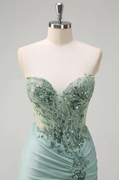 Cinza brilhante verde sereia sem alças espartilho de lantejoulas Ruched longo vestido de baile com fenda