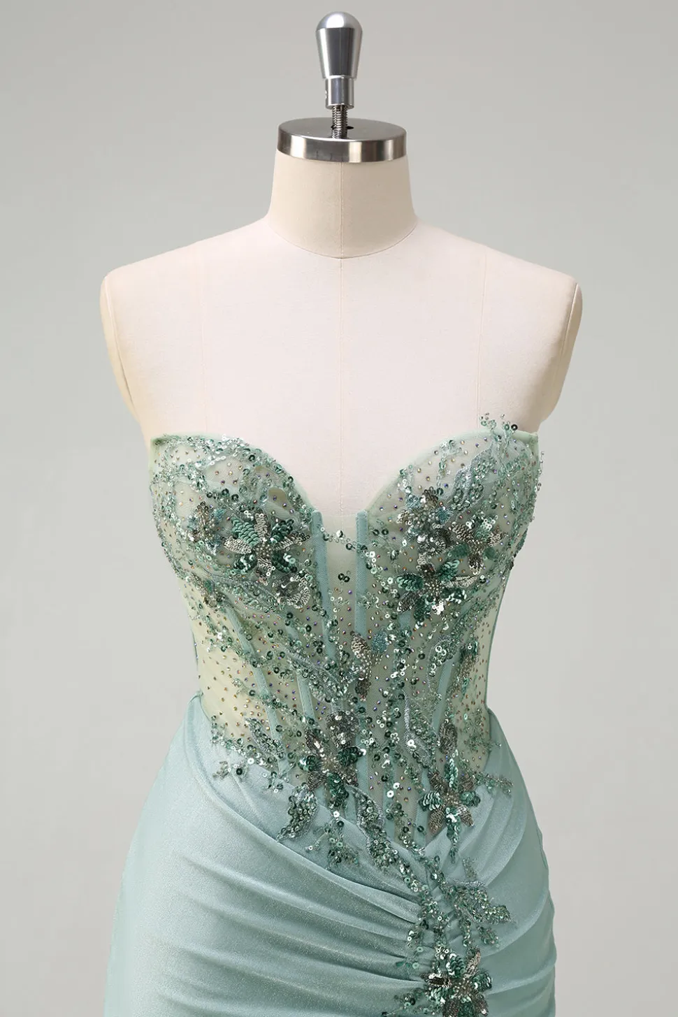 Cinza brilhante verde sereia sem alças espartilho de lantejoulas Ruched longo vestido de baile com fenda