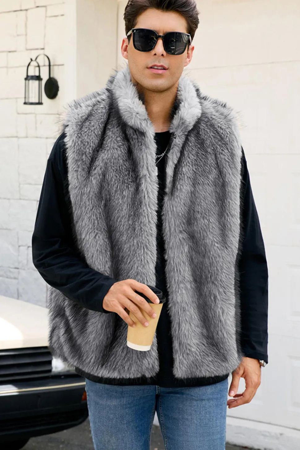 Cinza claro Faux Fur Winter Colete Masculino