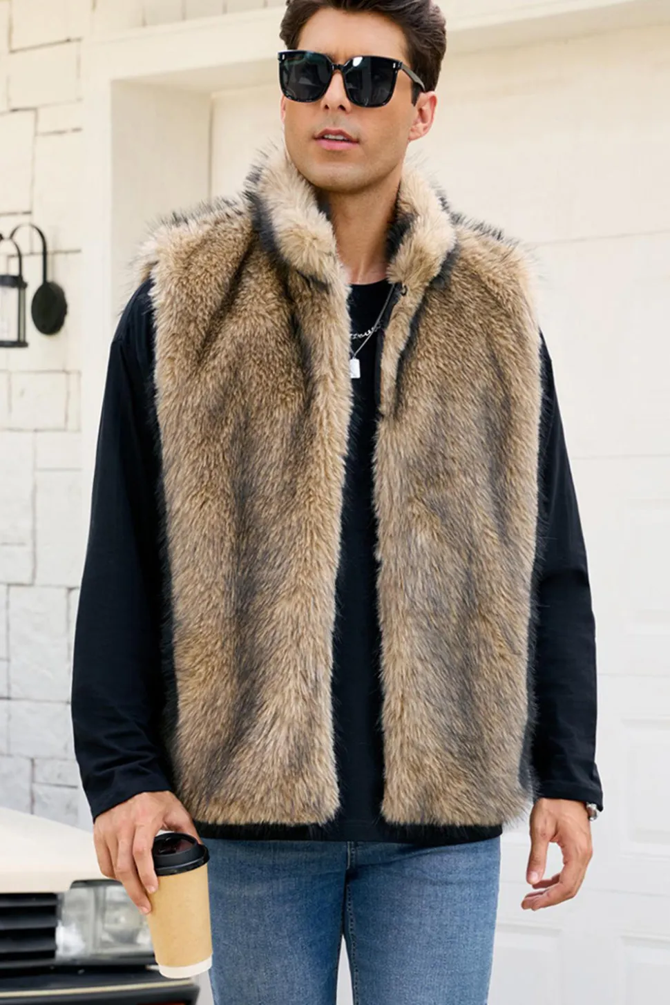Cinza claro Faux Fur Winter Colete Masculino