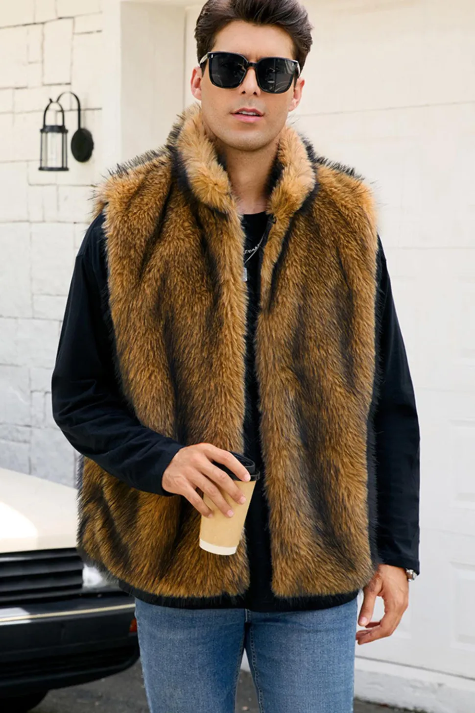 Cinza claro Faux Fur Winter Colete Masculino