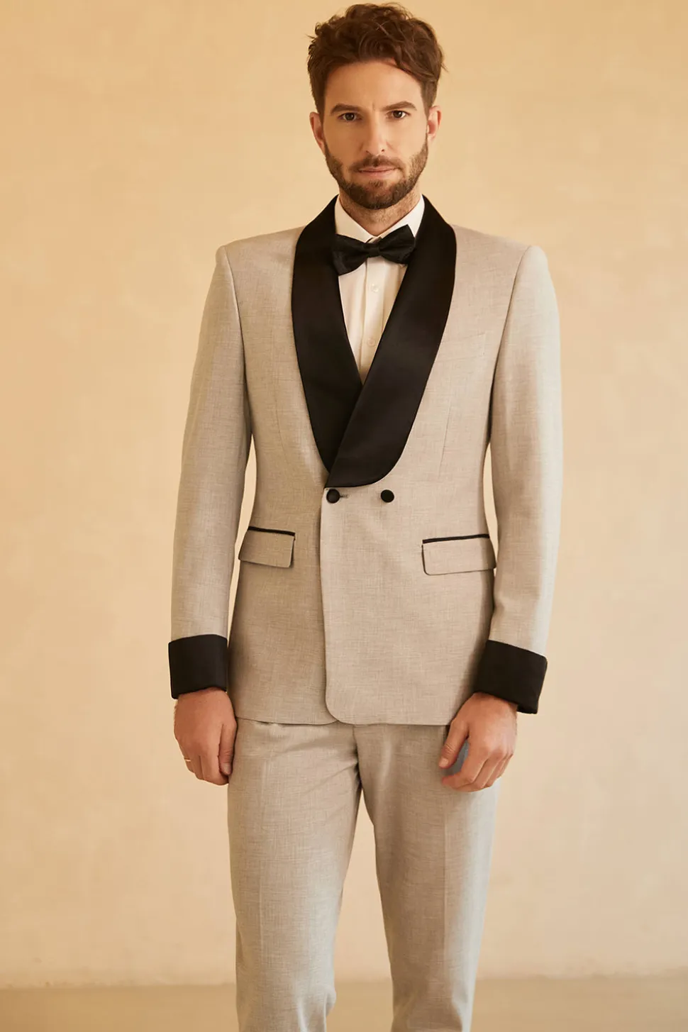 Cinza Lapela Shawl Duplo Peito 2 Peças Fatos de Casamento