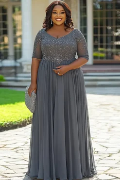 Cinza Linha-A Chiffon Renda Tamanhos Grandes Longo Vestido Mae Noiva