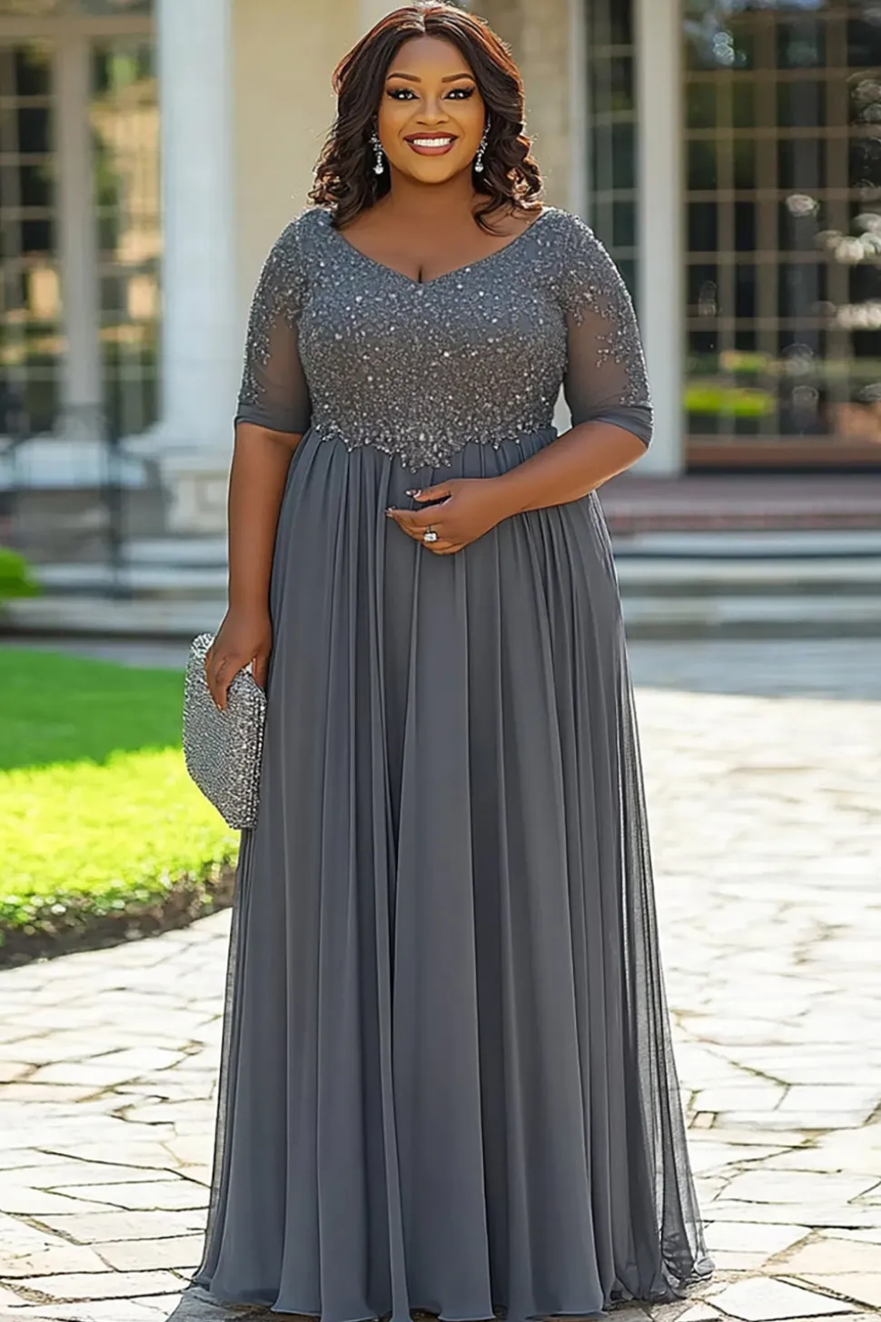 Cinza Linha-A Chiffon Renda Tamanhos Grandes Longo Vestido Mae Noiva