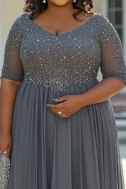 Cinza Linha-A Chiffon Renda Tamanhos Grandes Longo Vestido Mae Noiva