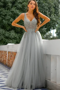 Cinza Pescoço V frisado longo vestido de baile