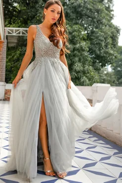 Cinza Pescoço V frisado longo vestido de baile