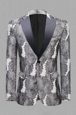 Cinza Prata Jacquard Lapela de Pico Blazer Masculino
