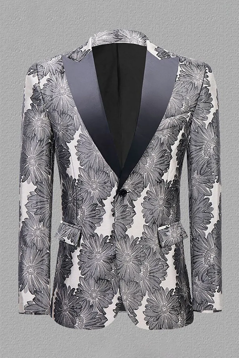 Cinza Prata Jacquard Lapela de Pico Blazer Masculino