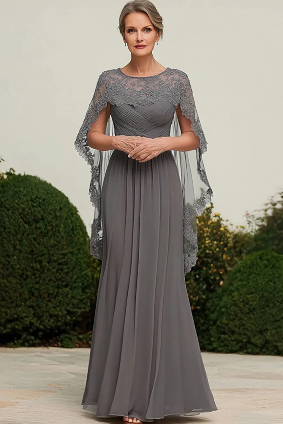 Cinza Renda Linha-A Plissado Longo Vestido Mae Noiva